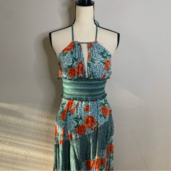 NWT Free People Pleated Halter Sundress in Blue and Orange Midi Dress - Picture 10 of 16